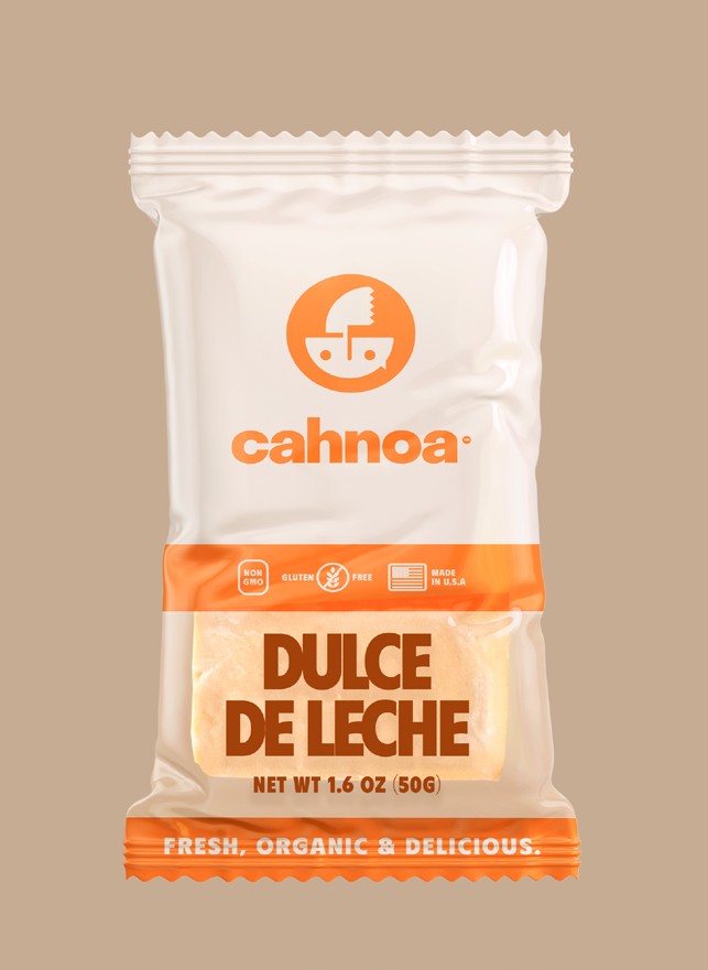 CAHNOA Dulce de Leche bar in its cream and orange wrapper
